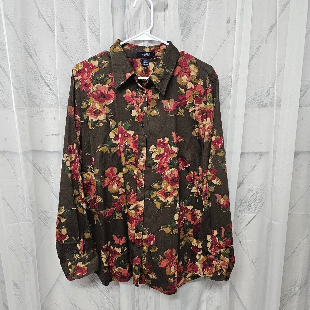 Chaps Blouse Button Up Brown Pink Floral Boho Cottagecore Preppy 2X